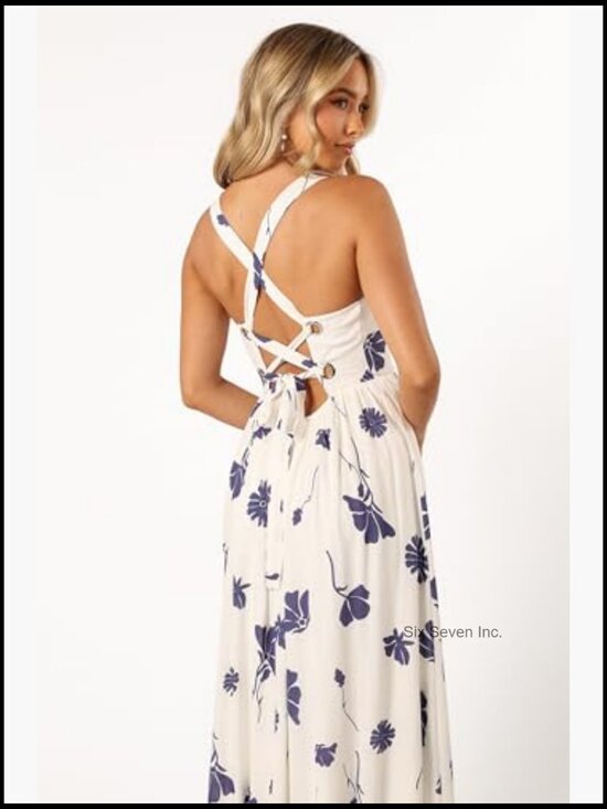 Viscose Linen Maxi Dress with Square Neck and Lace Back - Picture 2 of 7